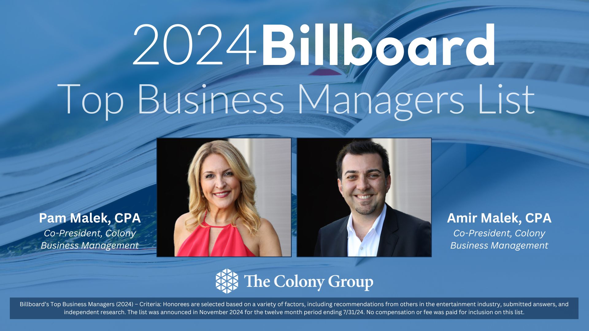 Billboard Names Amir Malek and Pam Malek to its 2024 Top Business Managers List